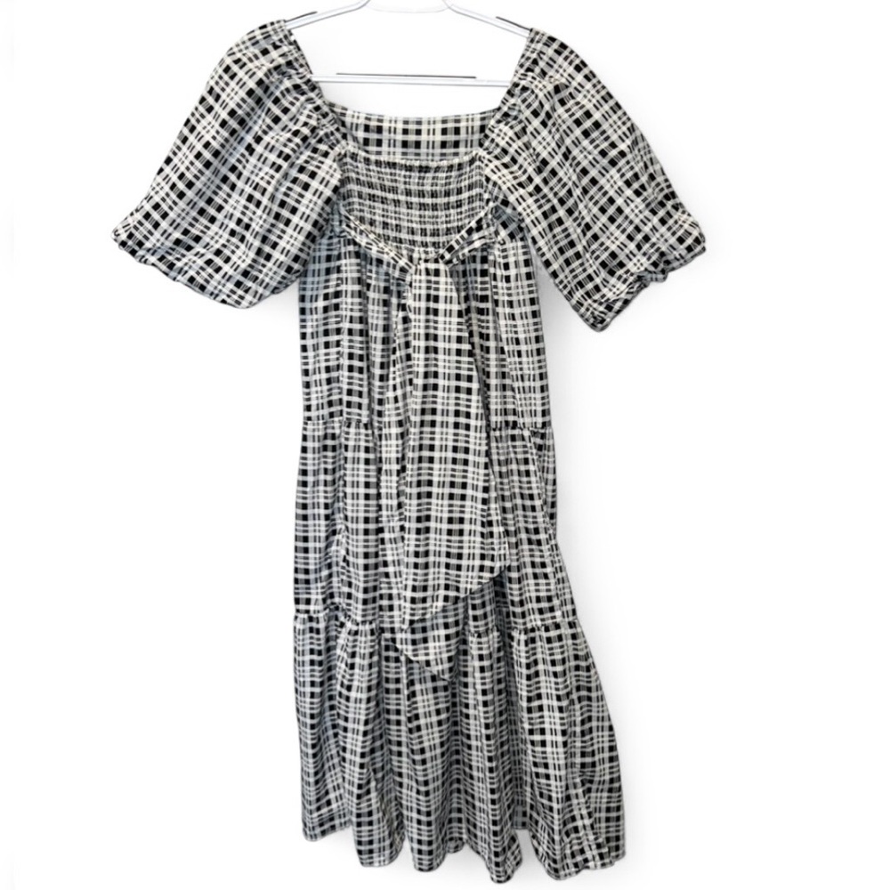 Faithfull the Brand Black White Plaid Cotton Puff Sleeve Tiered Maxi Dress S - Picture 10 of 11